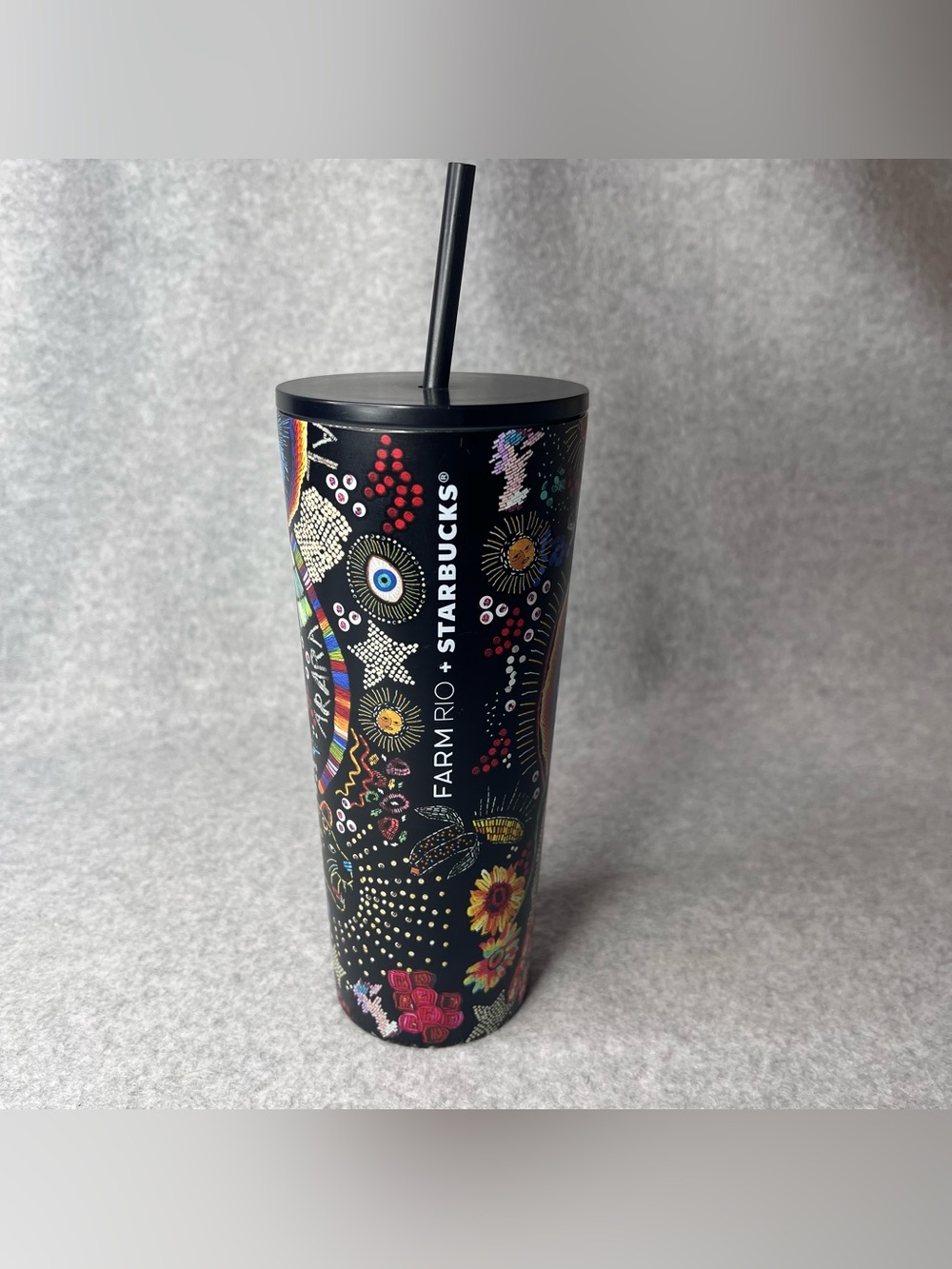 Farm Rio + Starbucks Black Rainbow Tropical Colorful 24oz Tumbler Travel Cup